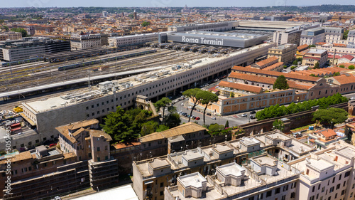 Aerial view of the Roma Termini railway station. This is the largest and most important station in the Italian capital and trains depart from here for all of Italy.  photo