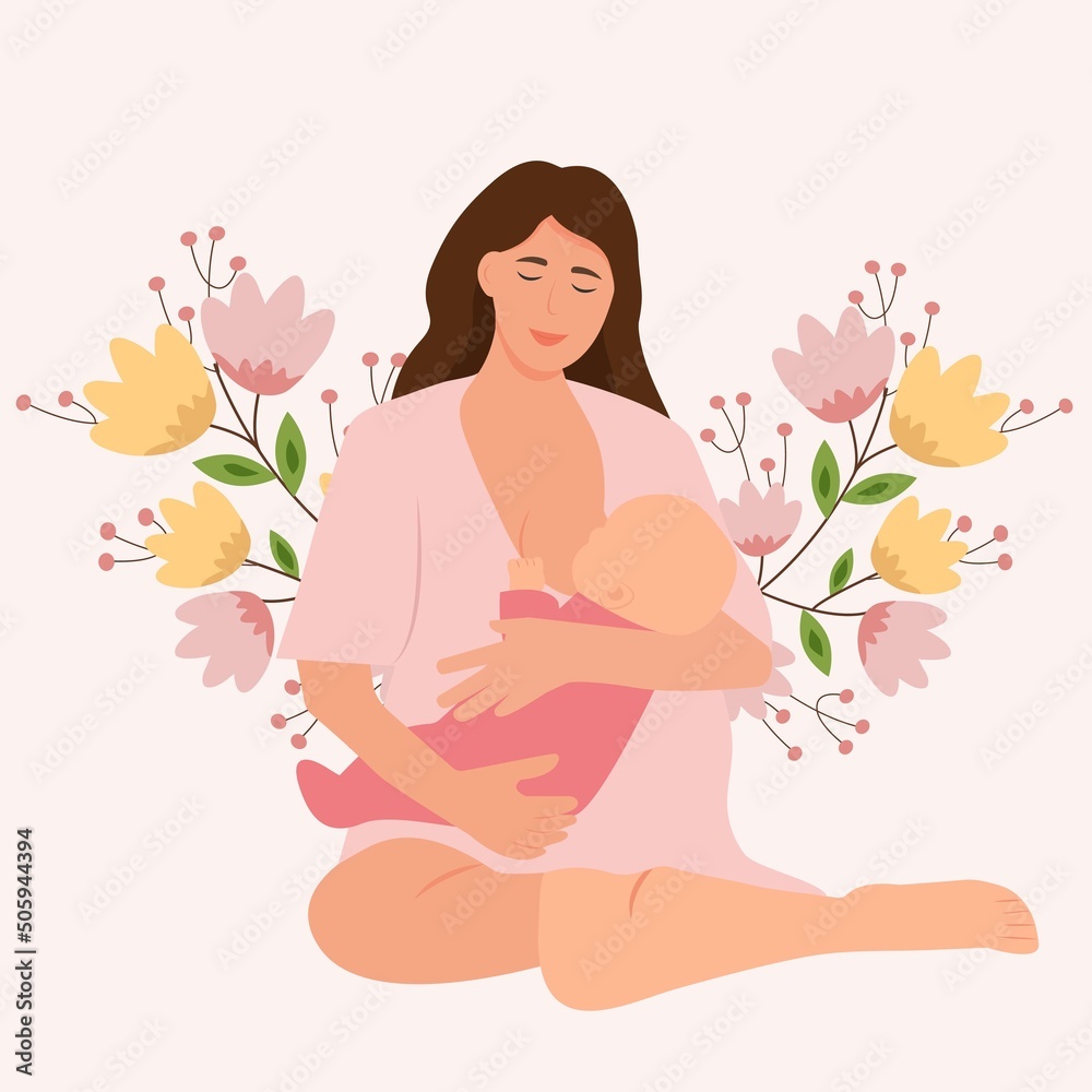 Woman feeding a baby with breast.  Lactation concept. World Breastfeeding Week. Flat vector illustration.