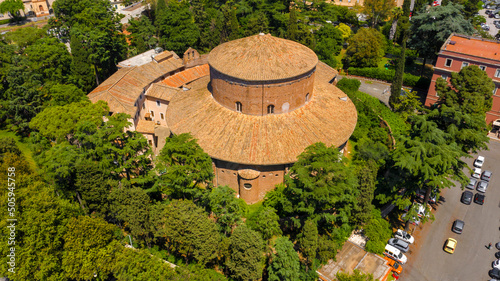 Aerial view of the Basilica of St. Stephen in the Round on the Celian Hill in Rome, Italy. It's a minor basilica and Hungary's national church in Rome. Its peculiarity is a circular roof.