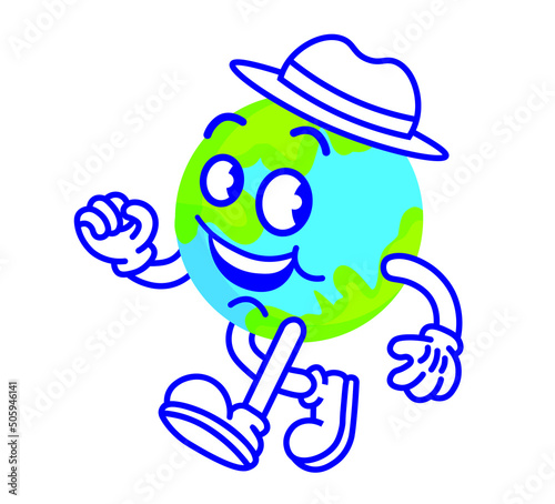 Vintage cartoon style planet Earth in a hat walking and smiling  vector illustration