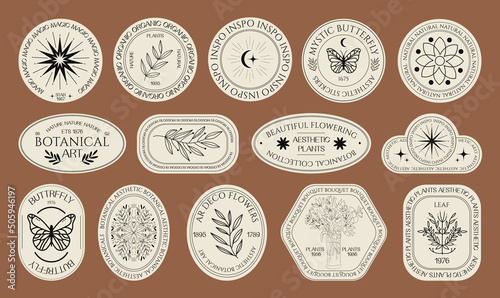 Collection of elegant stickers badges and logos for beauty, organic products, flowers, stars, plants, botany, weddings. stickers for packaging. Vector illustration for web design, marketing materials