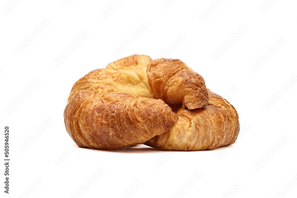 Two fresh croissants on a white background.