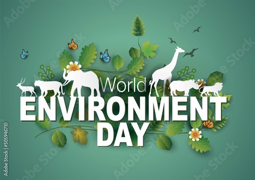 world environment day with animals, levees, flowers, butterfly's. vector illustration design