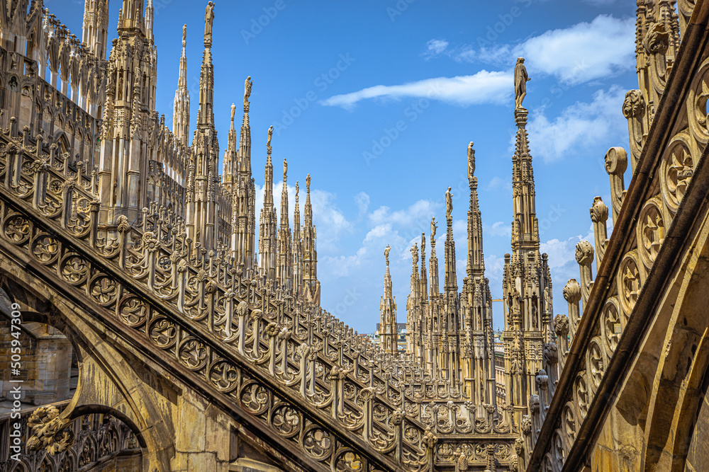 Panoramic rooftop view of the majestic Cathedral of Milan, Italy.