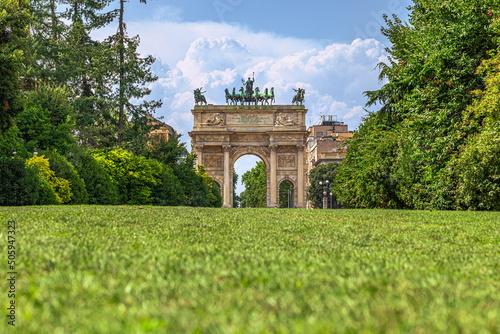 The Majestic Arc of Porta Sempione in Milan, Italy.