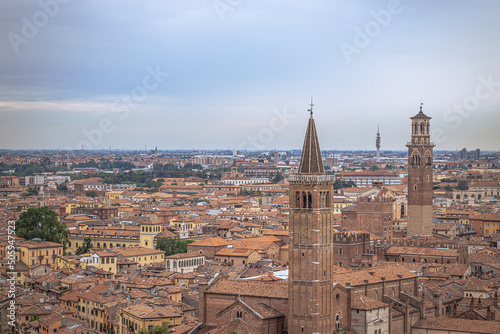 Panoramic rooftop view of he medieval town of Verona in Italy