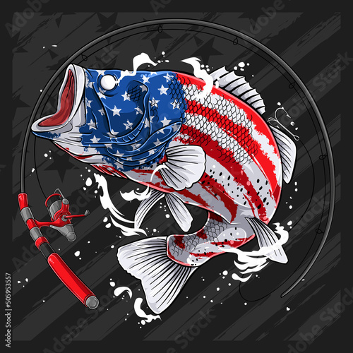 Largemouth bass fish in USA flag pattern for 4th of July American independence day and Veterans day