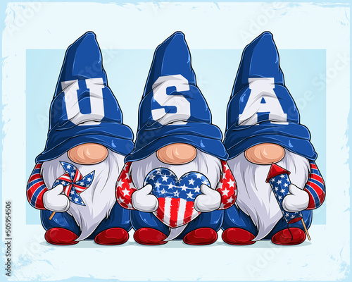 Cute gnomes in 4th of July disguise with USA word in there hats holding Pinwheel Heart and Fireworks