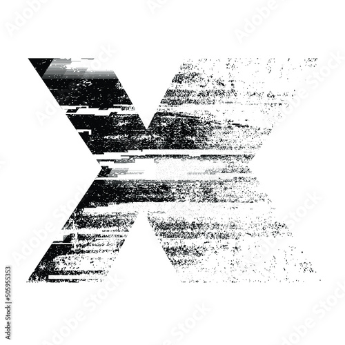 Glitch distorted geometric shape . Minimal art design . Noise destroyed cross logo . Trendy defect error shapes . Glitched x .Broken effect . Distress element . Grunge texture .vector