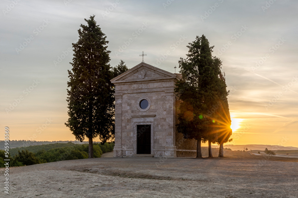 The beautiful tuscan Chapel of the Madonna di Vitaleta at sunrise