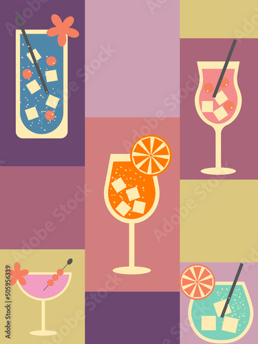 Tropical cocktail collection. Geometric retro summer party cocktail set. Cocktail menu.