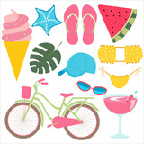 Set of summer elements. Tropical collection of summer objects.Summertime essentials. Bicycle, cocktail, ice cream, palm tree leaf
