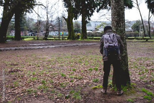 Backpacker man peeing in front of a tree in the park in a rainy day, Valdivia, Chile