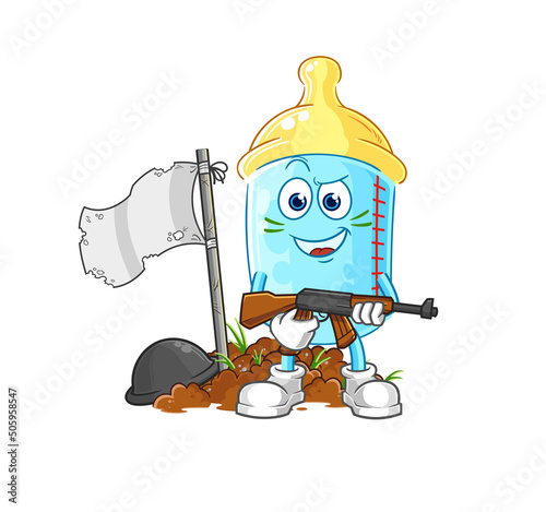 baby bottle army character. cartoon mascot vector