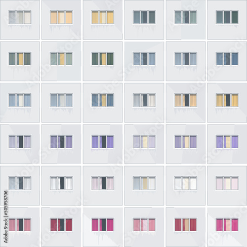 Part of the facade of a panel house. Eastern European architecture. Dormitory area. Windows vector set. 