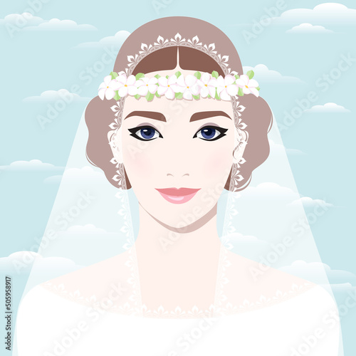 1296_Beautiful bride wearing white dress and floral wreath with veil