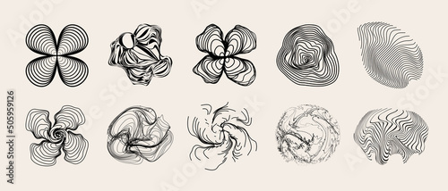 Set of geometric shapes. Unusual linear futuristic objects. Deformed figures. Vector illustration