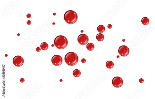 Vector drops of red blood drops. Drops of blood, red paint or blood on the surface. Realistic drops on an isolated transparent background.