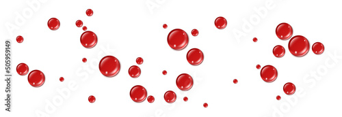 Vector drops of red blood drops. Drops of blood, red paint or blood on the surface. Realistic drops on an isolated transparent background.