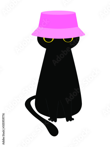 A black cat in a pink panama hat looks funny. Cute animal sits in a hat on a white background. Vector.