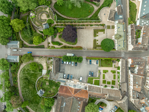 Aerial view of the former castle with four round bastions now a French garden in Beaune, Burgundy France