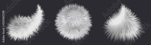 Winter furry pompoms, shaggy feather. Fluffy fur hairy texture. Isolated fuzzy shapes on dark background. Vector illustration
