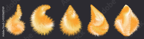 Fluffy furry pompoms, shaggy feather, orange fox fur. Striped fluffy texture, isolated 3d foxy brushes, winter Christmas gifts. Vector illustration