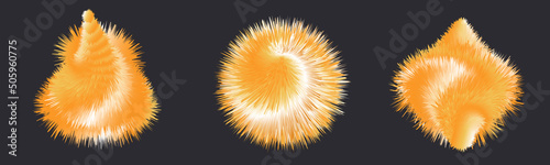 Fluffy furry pompoms, shaggy feather, orange fox fur. Striped fluffy texture, isolated 3d foxy brushes, winter Christmas gifts. Vector illustration