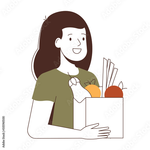 Happy young girl holding a paper bag with natural fresh vegetables and fruits. Vegetarian lifestyle vector illustration.