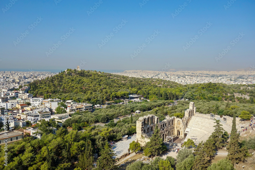 Greece, Athens, aerial view on the Acropolis, ancient historical building, landmark