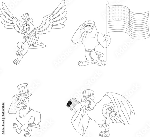 Outlined Patriotic Eagle Cartoon Characters. Vector Collection Set Isolated On White Background