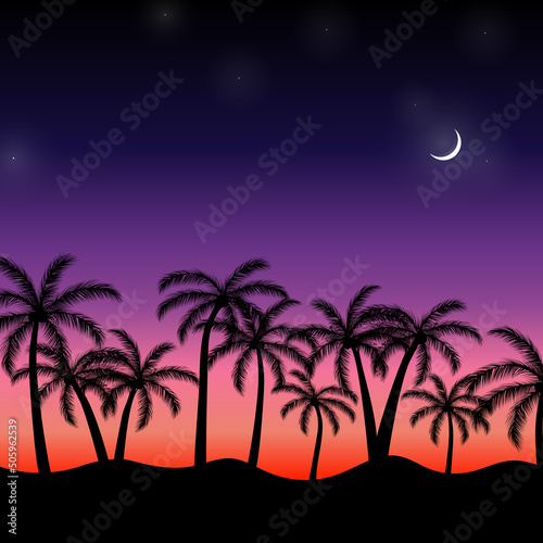 Tropical night forest hand drawn style for fashion fabric   wallpaper  and all prints. Palms  moon and stars.