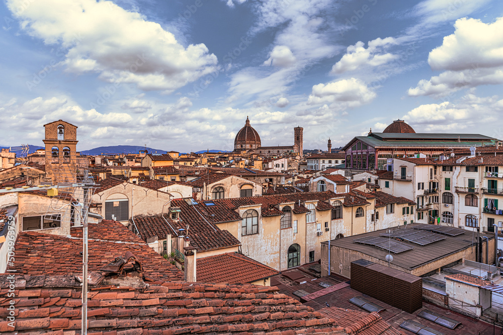 Rooftop view of the Duomo Cathedral in the medieval famous city of Florence, Italy