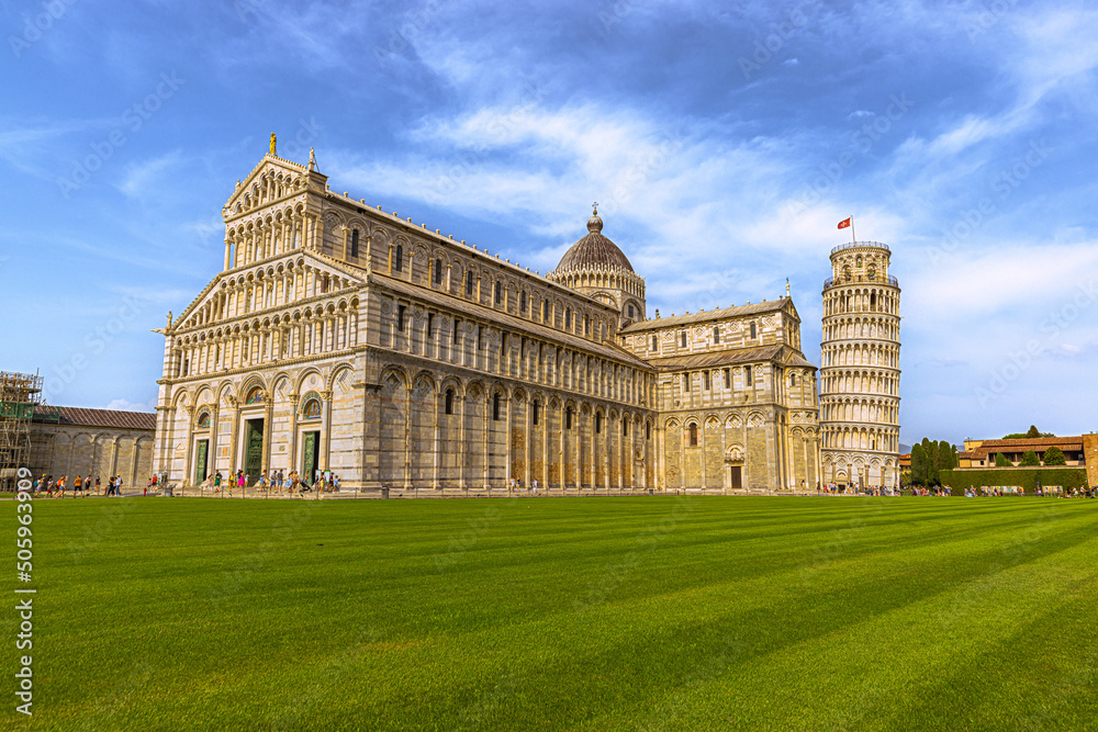 The leaning tower in the central square of the medieval city of Pisa in Tuscany, Italy