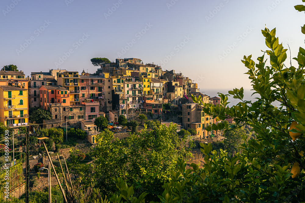 Cinque Terre, Italy - July 28, 2021: Scenic town of Corniglia in Cinque Terre, Italy