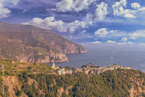 Landscape of Cinque Terre on a hiking trail between the towns of Manarola and Corniglia, Italy