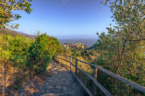 Landscape of Cinque Terre on a hiking trail between the towns of Manarola and Corniglia, Italy