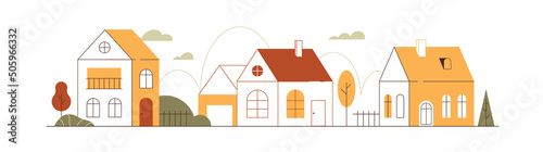 Illustration of different houses along the street. Suburban landscape flat vector design.