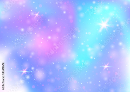 Magic background with rainbow mesh. Liquid universe banner in princess colors. Fantasy gradient backdrop with hologram. Holographic magic background with fairy sparkles, stars and blurs.