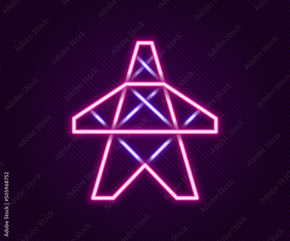 Glowing neon line Electric tower used to support an overhead power line icon isolated on black background. High voltage power pole line. Colorful outline concept. Vector Glowing neon line Electric tower used to support an overhead power line icon isolated on black background. High voltage power pole line. Colorful outline concept. Vector