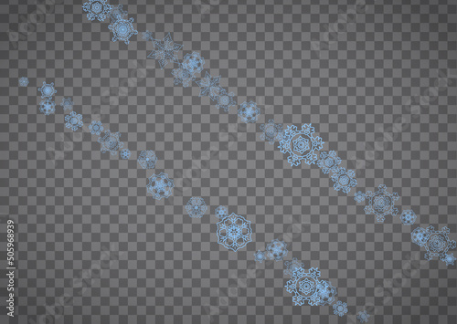 Snowflakes frame on transparent background. Christmas and Happy New Year. Isolated horizontal snowflakes frame for banners, gift cards, party invitation, partner compliment and special business offer