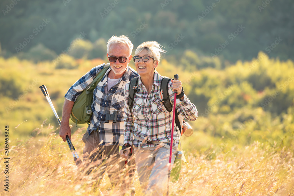 Active senior Caucasian couple hiking in mountains with backpacks and hiking poles, enjoying their adventure - obrazy, fototapety, plakaty 