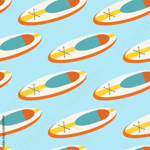 Seamless vector pattern with sup standup paddleboards on blue backgorund. Modern concept for fabric and paper, surface textures.