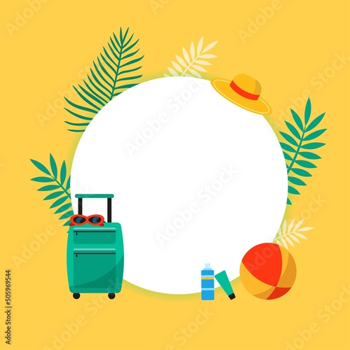 Vector summer vacation frame background with cute suitcase and beach accessories. Bright colors design.