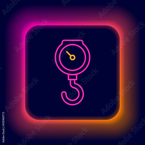 Glowing neon line Hand scale spring mechanical icon isolated on black background. Colorful outline concept. Vector