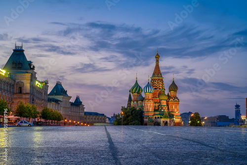 Saint Basil's Cathedral and Red Square in Moscow, Russia. Architecture and landmarks of Moscow. Night cityscape of Moscow