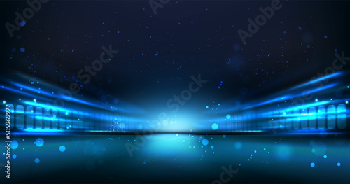 Abstract blue rays motion background. Tech sci-fi concept. Moving train in the night.
