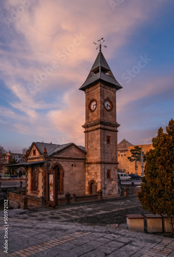Kayseri city clock tower at sunset time. February 2021