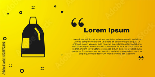 Black Plastic bottle for laundry detergent, bleach, dishwashing liquid or another cleaning agent icon isolated on yellow background. Vector