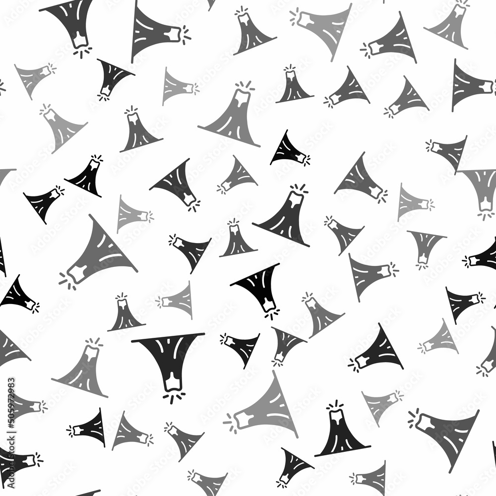 Black Volcano eruption with lava icon isolated seamless pattern on white background. Vector